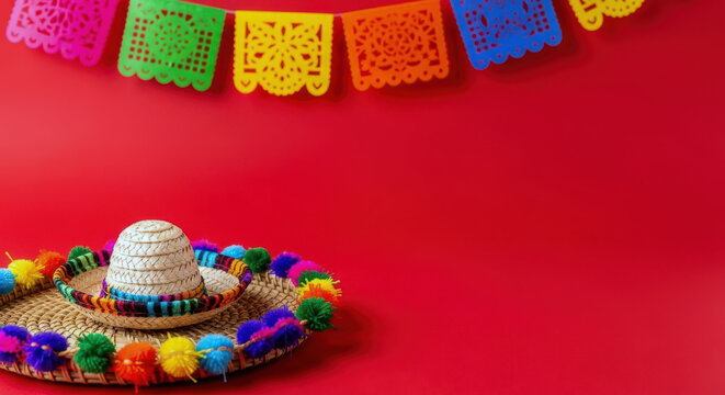 Miniature sombrero hat with colorful pom poms on a red background