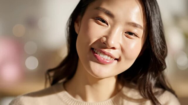 Beautiful young Asian woman with radiant skin smiling brightly, portrait in natural light with blurred background.