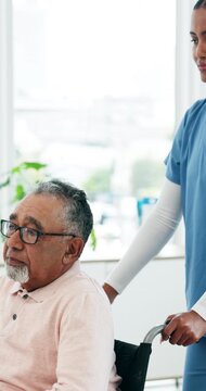 Woman, nurse or senior patient with wheelchair for assisted living, support or mobility in hospital. Volunteer, caregiver or walking elderly person with a disability for healthcare recovery in clinic