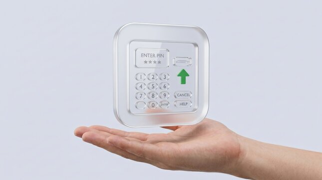 Hand holding transparent PIN keypad security panel floating on light background 3d render