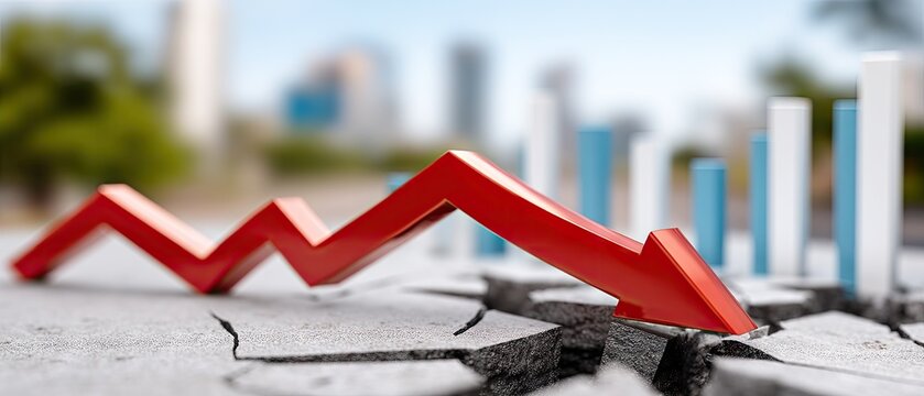 Sharp red arrow points down through a cracked surface, against a background of numbers and bar graphs showing decline and loss