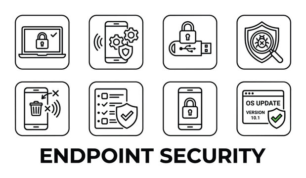 Endpoint security technology icons for laptop MDM secure USB drive antivirus remote wipe app whitelisting device lock.