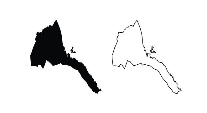 A stark depiction shows the outline of eritrea presented in both filled black and white line formats