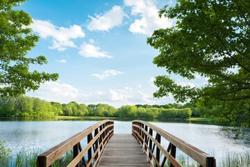 Obraz premium Wooden Dock Extends Over Lake Surrounded by Trees in Bright Sunlight During Daytime