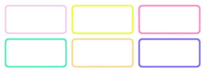 Fototapeta premium Vibrant glowing neon rectangular borders with soft rounded corners in trendy colors. Electric glowing neon border collection in pastel pink cyan and yellow tones. Minimal glowing neon rectangles with.