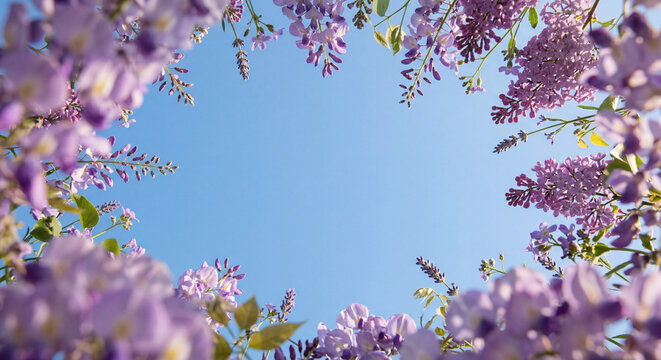 Ultra Blooming purple flowers frame a clear blue sky 4K HD