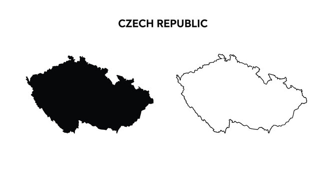 A graphic displays the czech republic s outline in both filled black and white line art versions