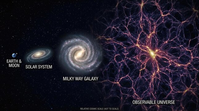 Cosmic structure progression, illustrating universal magnitude, showing celestial object size from planet to galaxy, revealing extensive filament network.