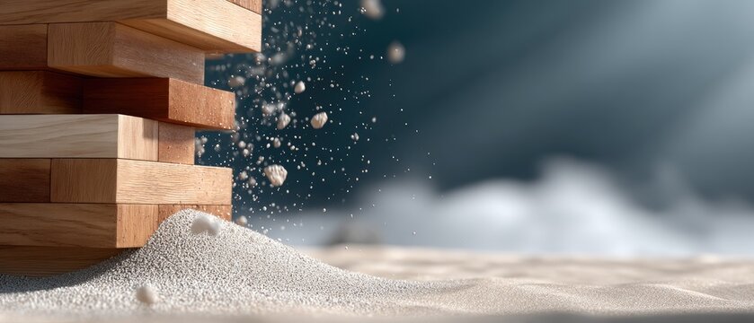 Jenga tower on the verge of collapse with dust particles in the air and subtle background effect