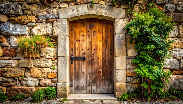 Rustic wooden door in a stone wall