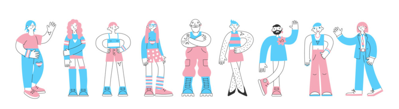 Set of trans modern people in minimal flat style. Individuality, self-expression, confidence and identity concept. Genderqueer and transgender awareness and inclusion.