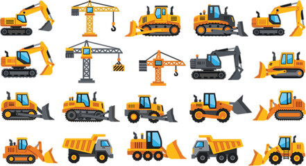 Construction Machinery Vector Set with Excavator Bulldozer Crane Dump Truck and Heavy Equipment for Building and Industrial Design © munzuara