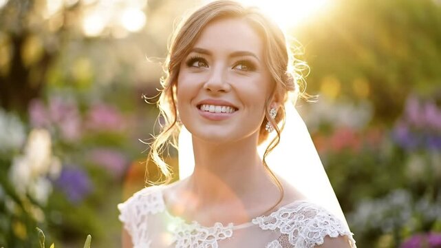 Beautiful radiant bride in a white lace dress smiles serenely outdoors in a dreamy garden setting during golden hour