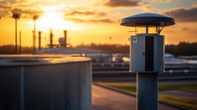 Air quality monitor detecting atmospheric pollution at sunset