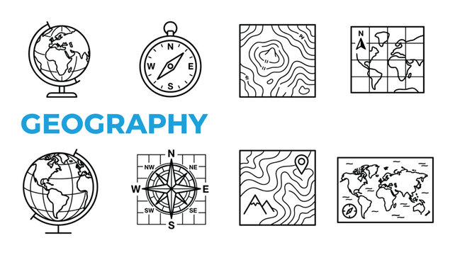 Geography icons globe compass topographic map world map showing earth elements for exploration and navigation education.
