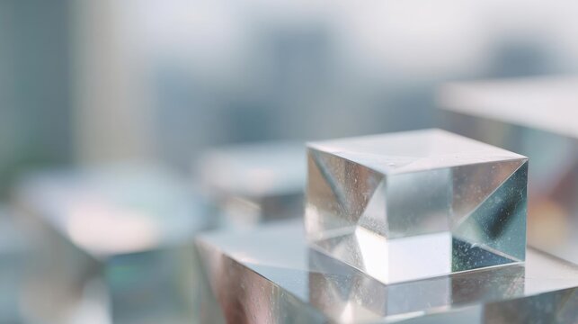 Close-up of a cube made of clear glass. the cube is placed on a reflective surface, creating a mirror-like effect. the background is blurred, making the cube the focal point of the image.