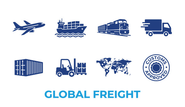 Global freight transport blue icons including airplane ship train truck container forklift map and customs stamp.