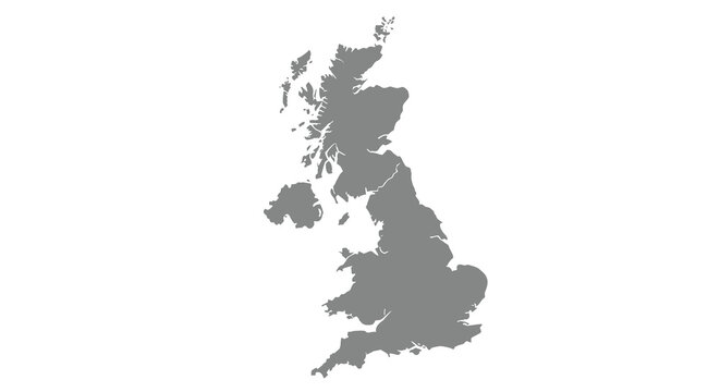 A grayscale map depicts the geographical outline of the united kingdom and surrounding islands high quality professional detailed