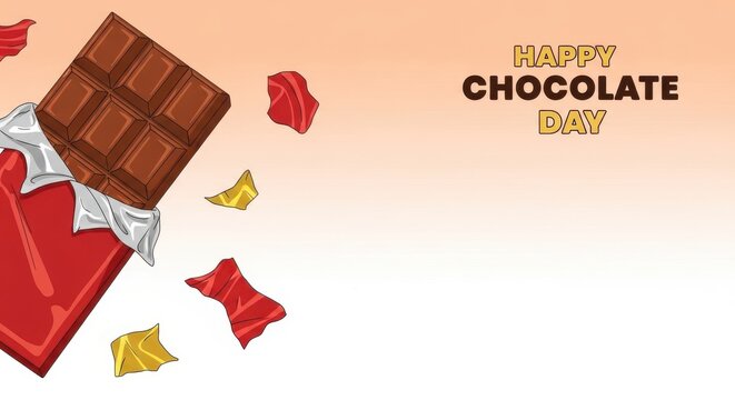 Happy chocolate day greeting card with a chocolate bar in red foil wrapper and colorful candy confetti on a gradient background