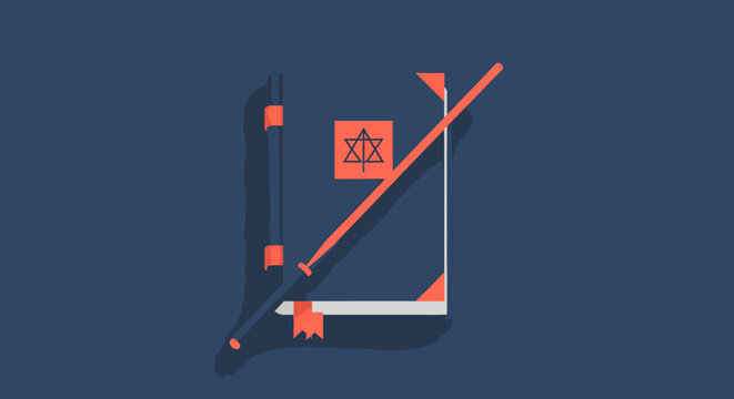 Stylized illustration of a closed book with a Star of David symbol and a red prohibition sign over it, symbolizing religious restriction or prohibition.