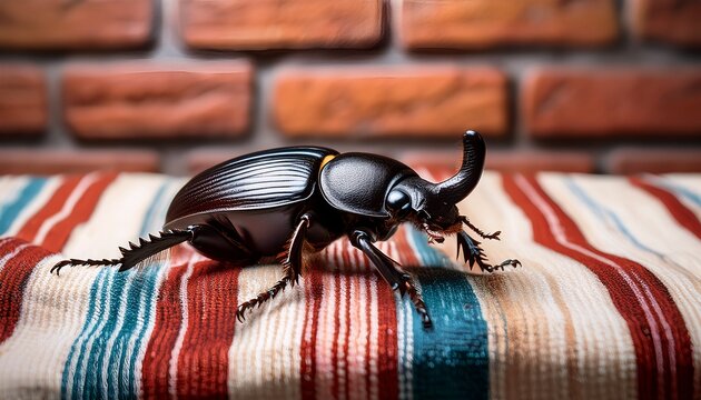 a dark beetle sitting on a striped blanket with a brick wall in the background the beetle appears to be large and detailed the blanket provides a textural contrast to the insect s smooth body