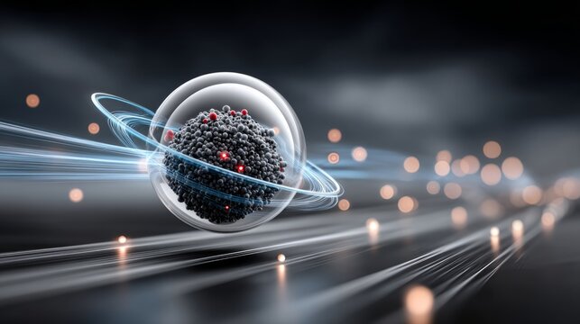 Atomic structure concept: nucleus with electrons in motion shows scientific progress