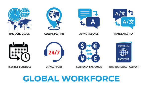 Global workforce icons including time zone clock map pin async message translated text flexible schedule.