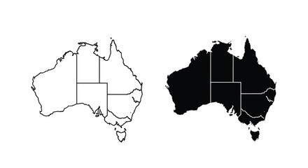Obraz premium A minimalistic representation displays the continent of Australia in two contrasting black and white versions side by side