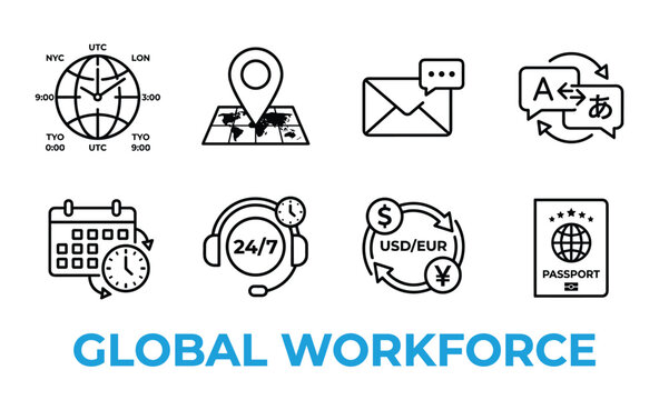 Global workforce icons set representing business travel communication and currency exchange for international collaboration.