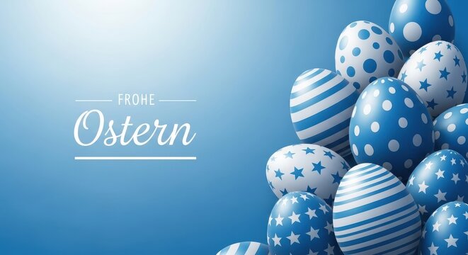 Easter greeting card with blue patterned eggs on a blue background