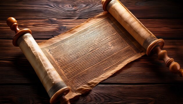 ancient hebrew torah scroll on a wooden surface