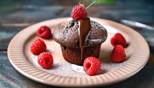 chocolate muffin with molten center served with fresh raspberries creating rich indulgent dessert scene close up