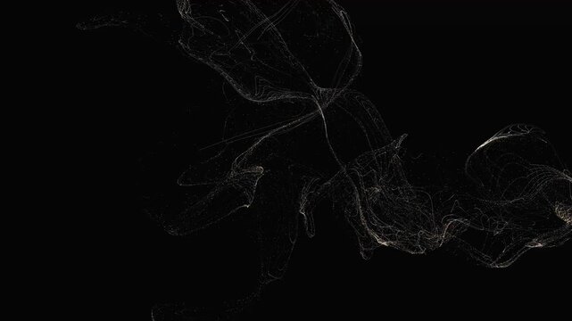 Dynamic abstract particle wave evolves in dark space, digital light mesh flows and morphs with intricate patterns.