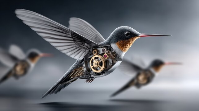 Mechanical birds in flight showcasing intricate clockwork designs