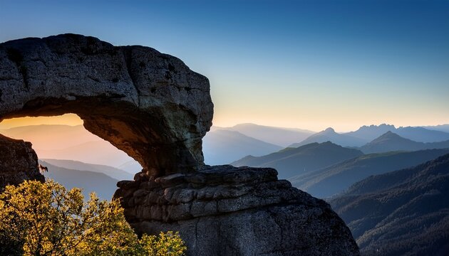 dramatic stone arch over mountain range creates a powerful silhouette