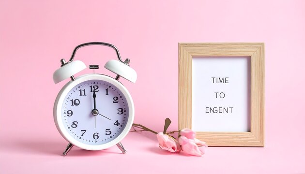 Simple alarm clock and frame on pink background
