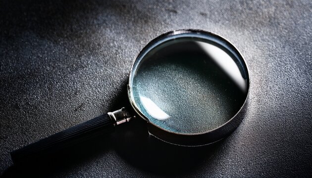 magnifying glass lying on textured dark surface with dramatic lighting creating investigative mood and detailed close up atmosphere