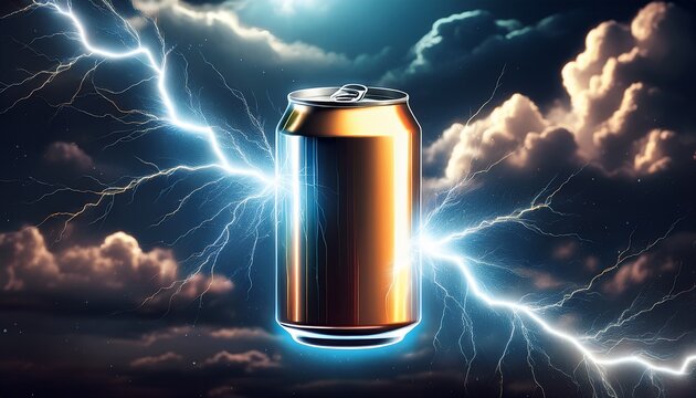 metallic beverage can floating with powerful lightning energy in dramatic storm background