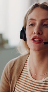 Call center, smile and woman with headset, contact us or helpdesk advice in crm service. Communication, microphone and consultant with technology, online assistance or feedback in customer support.
