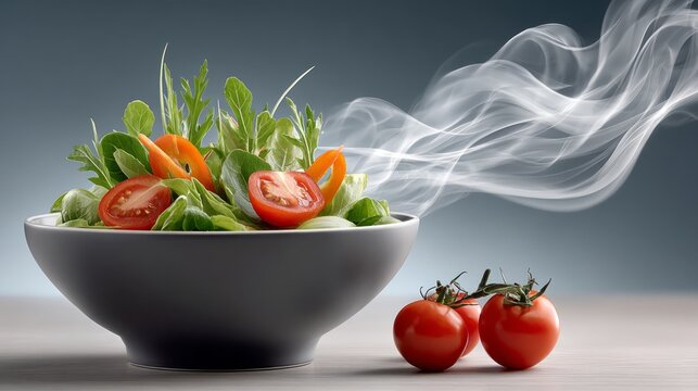 Fresh salad with steaming vegetables in a bowl on a table setting