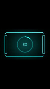Cyan neon futuristic hud element showing one percent loading progress animation. Hud element digital processing concept. Hud element initialization and system start up status.