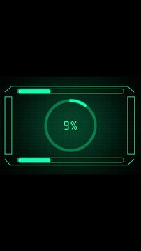 Green futuristic hud interface with circular progress bar and indicators. Hud interface digital system concept. Hud interface processing progress and technology monitoring.