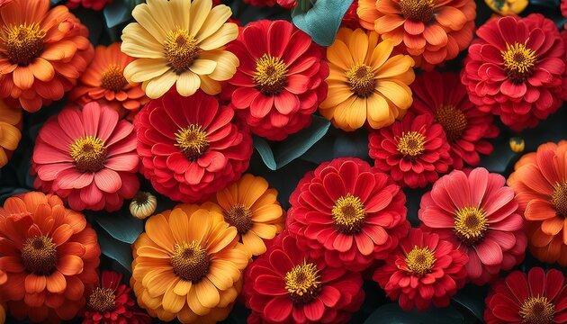 vibrant wallpaper of common zinnia red and yellow flowers