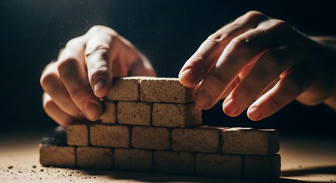 Close-up of hands carefully constructing a miniature brick wall on dark background