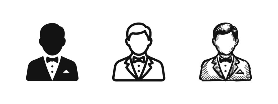 Waiter or server icon set, man in tuxedo and bowtie profile symbol, hospitality and service staff