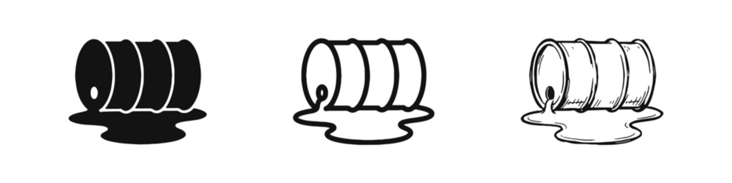 Oil barrel leak and chemical spill icon set, environmental pollution and industrial hazard symbol
