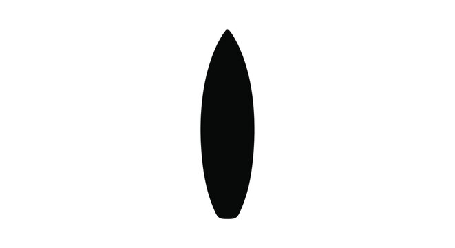 A simple black silhouette of a surfboard on a white background