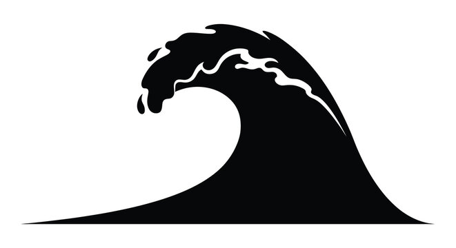 A striking black silhouette of a large curling ocean wave