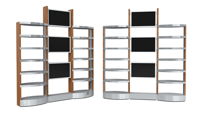 Retail trade show metal wooden display stand with curved shelves and integrated digital screens. 3d illustration isolated on white