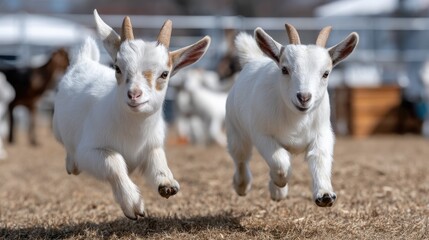 Fototapeta premium Two white goats run on grass in a sunny field with other animals in the background during a bright day